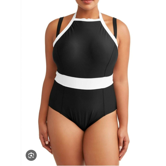 Terra & Sky sz 3X Black and White one piece built in bra vacay resort swimsuit - Picture 3 of 8